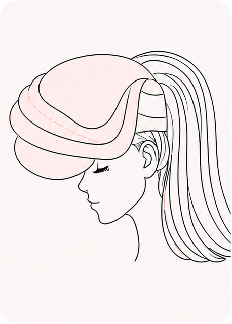 Luma wrap positioned over the head while long damp hair remains free